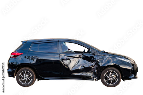 Car crash, Full body side view of black car get damaged by accident on the road. damaged cars after collision. Isolated on transparent background, car crash broken photo