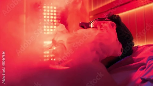 Relaxed man in red light therapy session enjoying calming steam