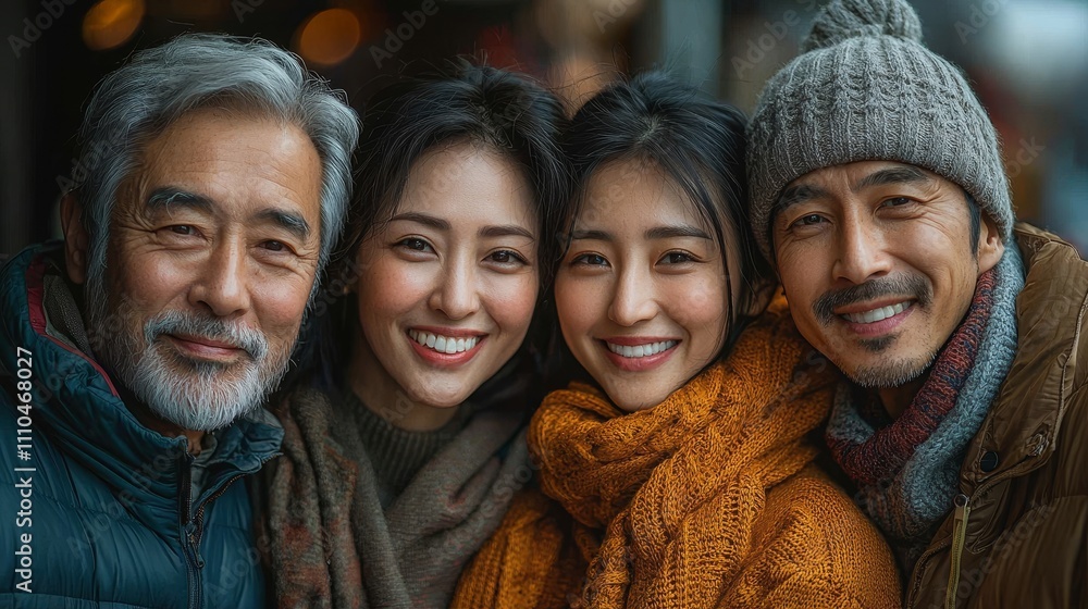 Joyful group of four friends sharing smiles and warmth in winter outfits Joyful group of four friends sharing smiles and warmth in winter outfits