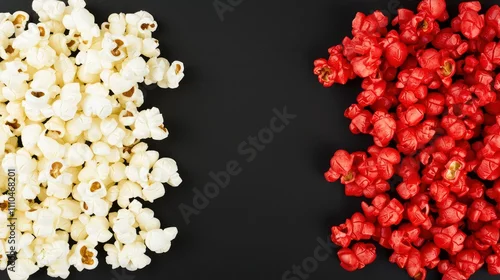 Naklejka Fresh White and Red Popcorn Spread on Dark Background for Snacks