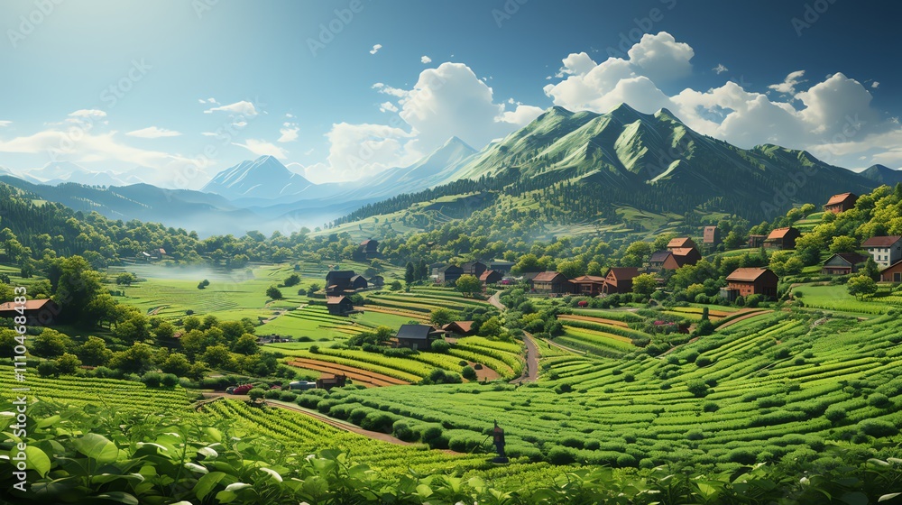 Fototapeta premium Scenic village nestled in lush green valley, mountains backdrop.