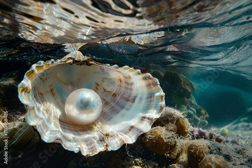 Underwater view of open oyster shell revealing lustrous pearl in natural habitat photo