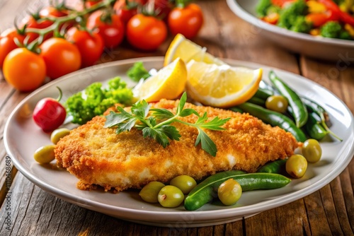 Crispy Breaded Fish Filet with Fresh Vegetables and Lemon Wedge on a Plate for Healthy Dining Inspiration and Culinary Delights