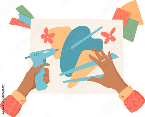 Hands of children making craft activity with tools and glue in creative workshop. Flat cartoon graphic style representation of kids engaged in DIY project, ideal for school or educational themes.