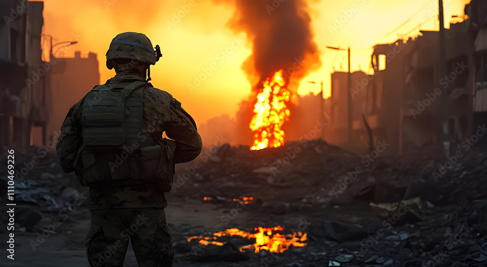 A soldier surveys destruction amidst flames in a war-torn urban landscape at dusk, reflecting on the chaos surrounding him A soldier surveys destruction amidst flames in a war-torn urban landscape at dusk, reflecting on the chaos surrounding him