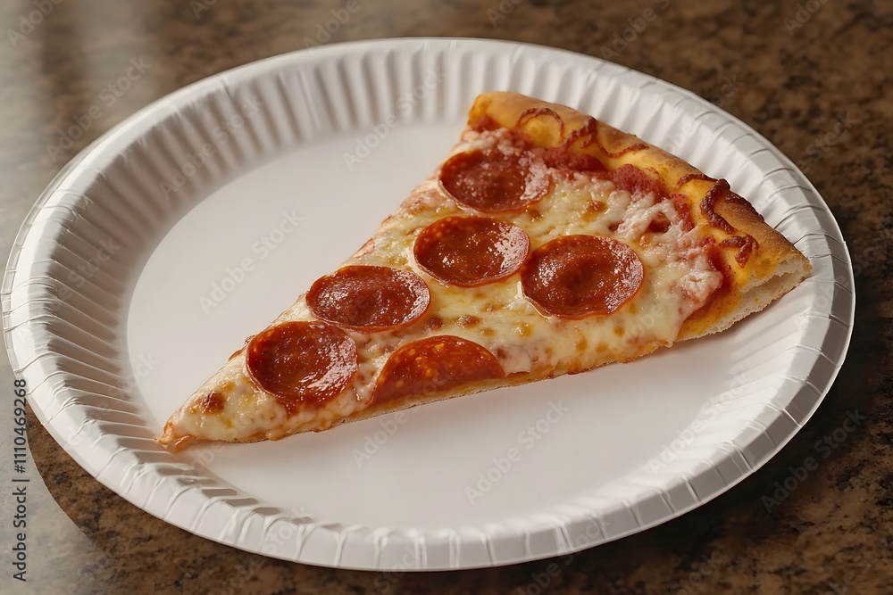 A photo of one slice on a white paper plate, a delicious pizza with pepperoni and cheese A photo of one slice on a white paper plate, a delicious pizza with pepperoni and cheese