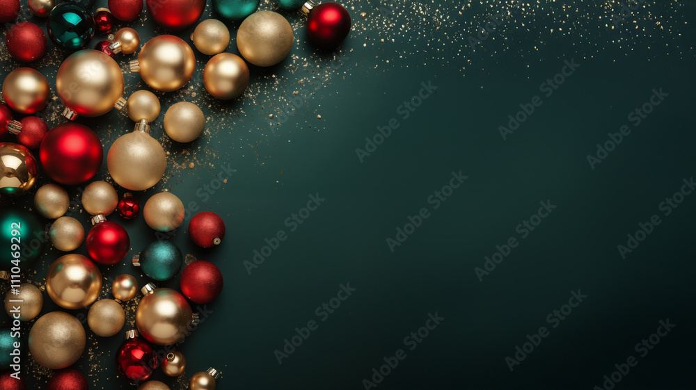 Flat-lay Christmas decorations, copy space available, Shimmering ornament and baubles with glitter. Background images.