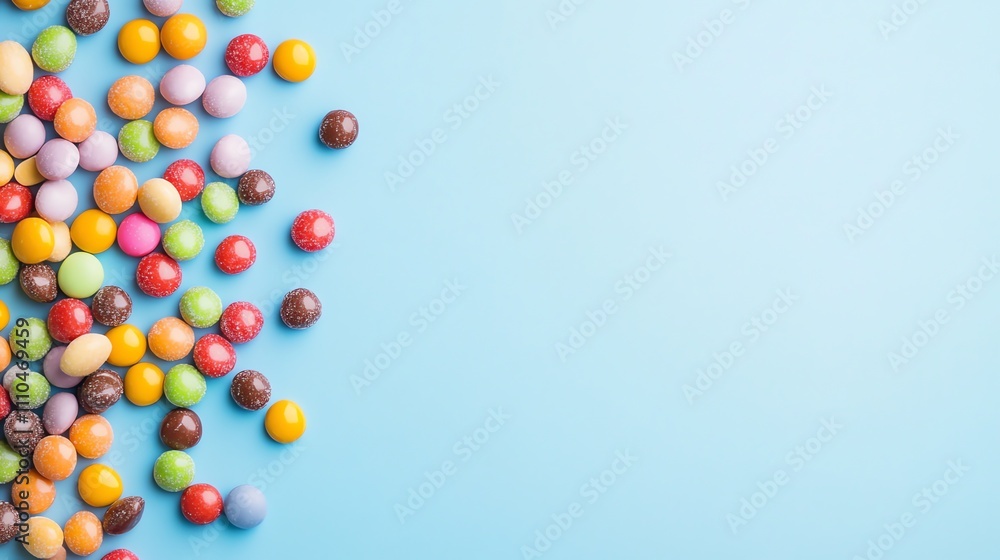 Colorful candies on a blue background, with copy space on the left side. Colorful candies on a blue background, with copy space on the left side.