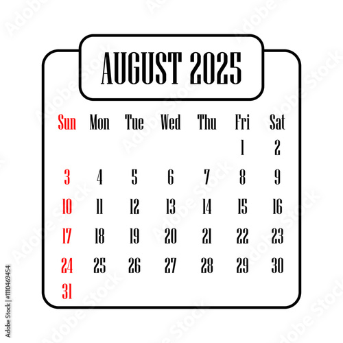 August 2025 calendar vector illustration