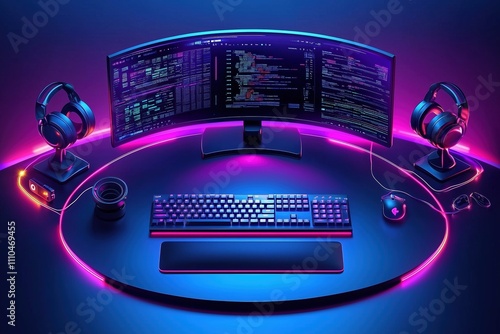 Modern gaming setup with neon lights and dual monitors glowing in a dim room. photo