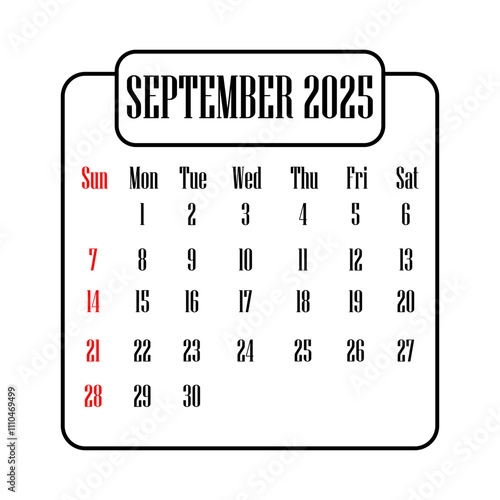 September 2025 calendar vector illustration