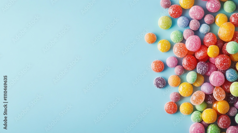 Colorful candies on a blue background, with copy space on the right side. Colorful candies on a blue background, with copy space on the right side.