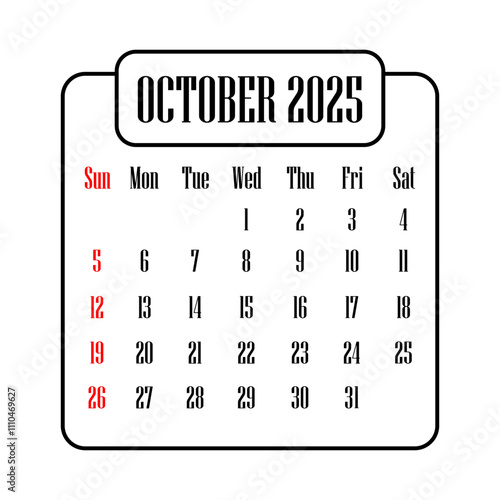 October 2025 calendar vector illustration