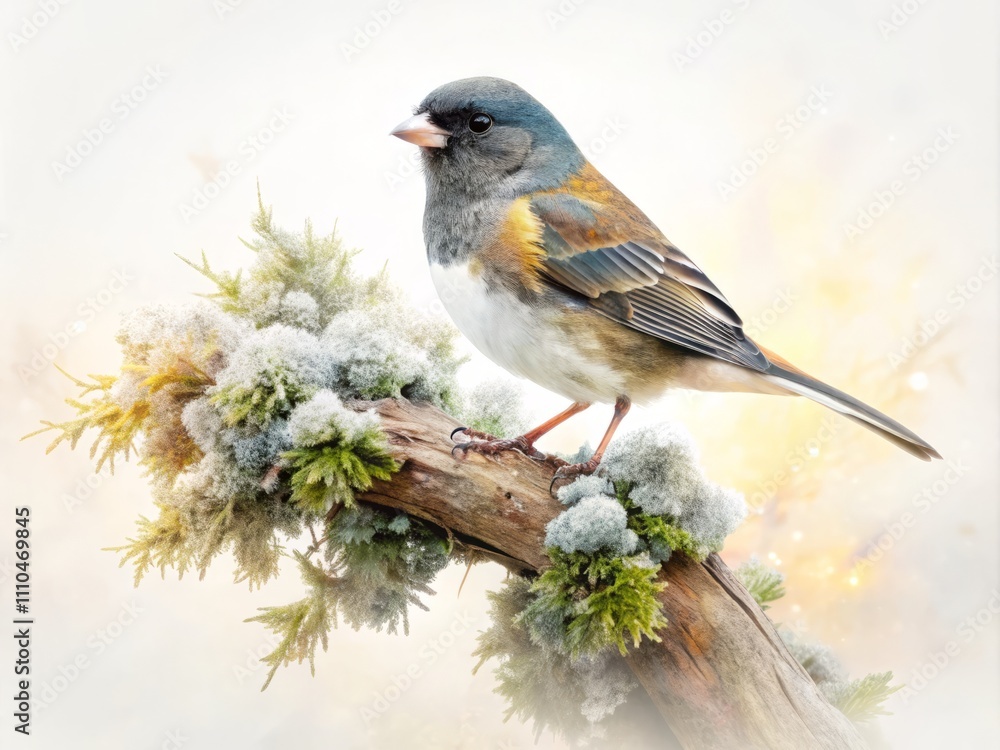 Fototapeta premium Double Exposure Photography of a Junco Perched on a Branch Against a White Background, Blending Nature with Abstract Elements for Stunning Visual Impact