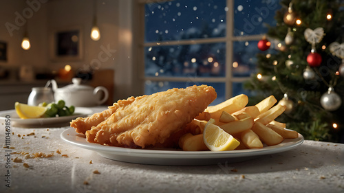 Crispy fish and chips on a plate, served with lemon wedges, on a table in front of a snowy Christmas scene. photo