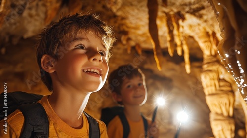 A family exploring a cave system with flashlights, marveling at the stalactites and echoes in the dark. The children ask curious questions while the parents share fun facts about the formations. 