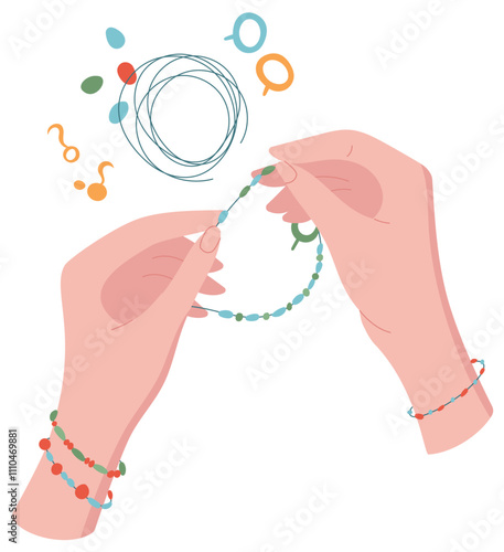 Hand Craft Colorful Bracelet Sticker. Vector illustrationHands create colorful bracelet with beads and thread using craft tools. DIY activity sticker in a workshop setting. Concept of handmade art