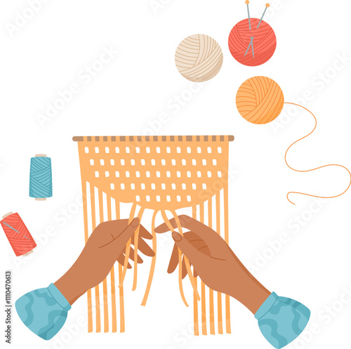 Hands create craft using yarn and tools for macrame and sewing. Engaging in creative activity with a flat style. Suitable for DIY projects, workshops, or educational purposes.