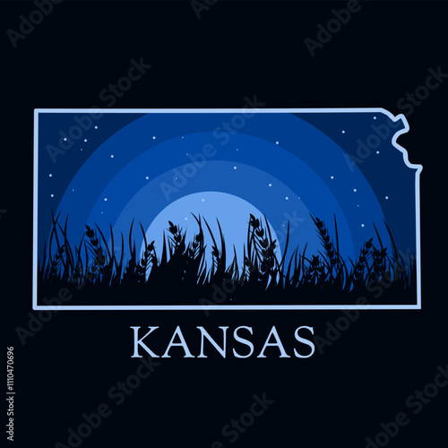 Kansas Wheat State Illustration with Night Scenery Perfect for Print, Apparel, etc
