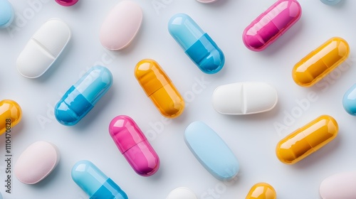 Medical capsules, colorful tablets on white background