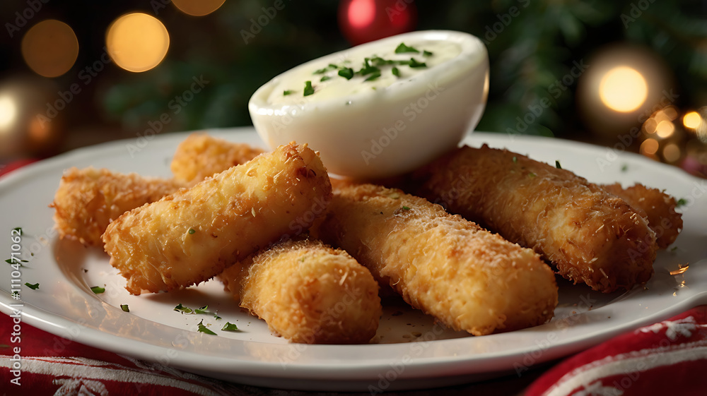 Crispy fried cheese sticks served with creamy dipping sauce on a festive table setting. Crispy fried cheese sticks served with creamy dipping sauce on a festive table setting.