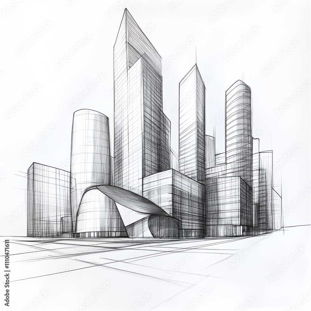 Architecture building construction perspective design and modern urban building line drawing on a white background, 3D illustration Architecture building construction perspective design and modern urban building line drawing on a white background, 3D illustration