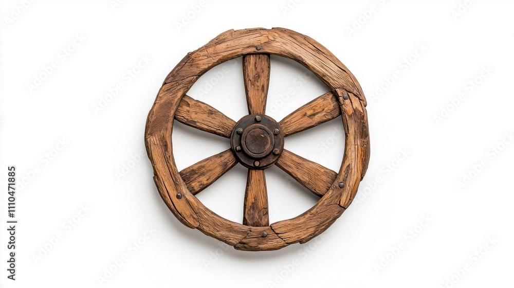 A photostock of a rustic wagon wheel made of wood, isolated on a clean white background, perfect for vintage or rural themes. High Quality A photostock of a rustic wagon wheel made of wood, isolated on a clean white background, perfect for vintage or rural themes. High Quality