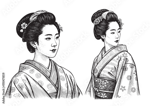 woman geisha engraving vector illustration