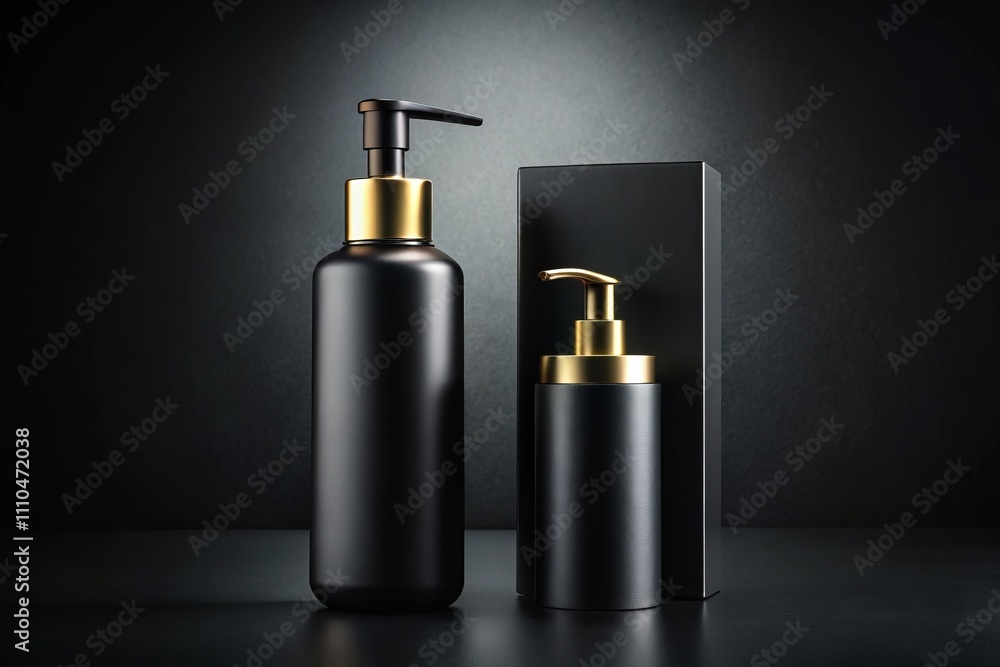 Elegant Black Shimmery Matte Luxury Cosmetic Packaging Design Featuring a Black Bottle with Pump Dispenser for Gel Lotion, Shampoo or Cream on Isolated Background Elegant Black Shimmery Matte Luxury Cosmetic Packaging Design Featuring a Black Bottle with Pump Dispenser for Gel Lotion, Shampoo or Cream on Isolated Background
