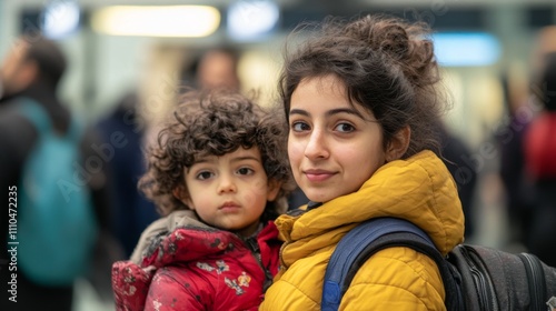 A warm moment captured in a busy train station. A mother holds her child close while surrounded by the hustle of travel. Connection and love stand out. Generative AI