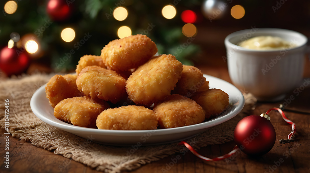 Crispy golden fried chicken nuggets on a white plate with creamy sauce and Christmas decorations. Crispy golden fried chicken nuggets on a white plate with creamy sauce and Christmas decorations.
