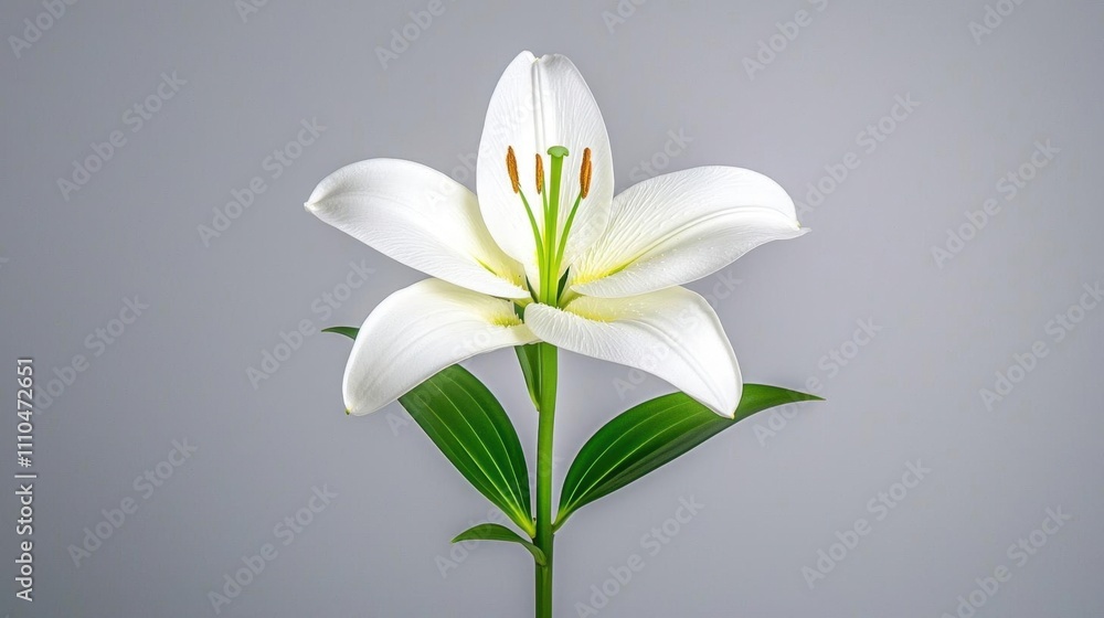 Fototapeta premium A photostock of a single fresh white lily in bloom, isolated on a white background, pure and serene. High Quality