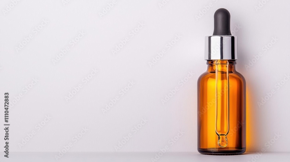 A photostock of a sleek glass dropper bottle with amber liquid, isolated on a clean white background, ideal for skincare or essential oils. High Quality A photostock of a sleek glass dropper bottle with amber liquid, isolated on a clean white background, ideal for skincare or essential oils. High Quality