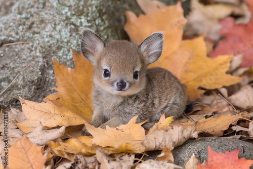 Adorable fawn cuddled in autumn leaves, showcasing its innocence. photo