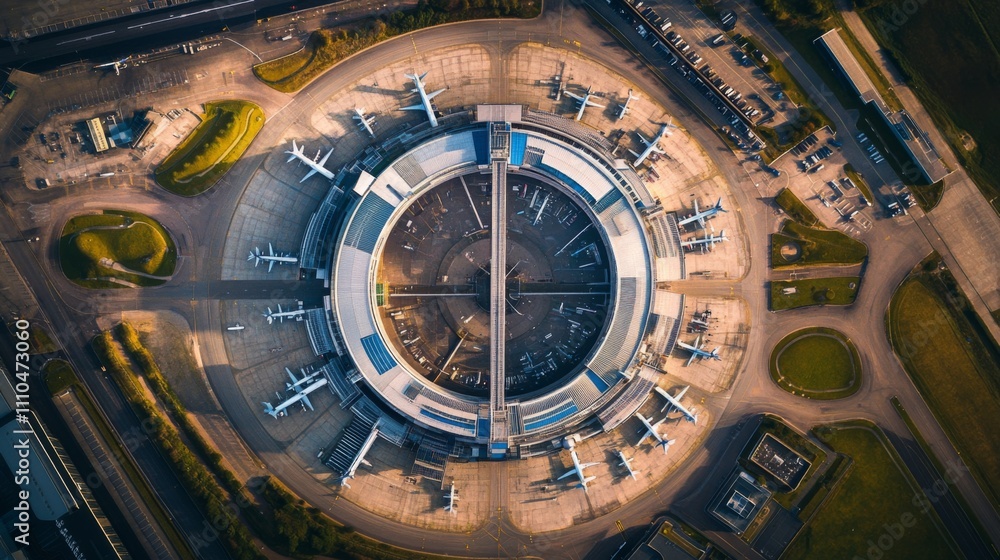 Obraz premium Aerial view of a modern airport with multiple planes parked in an organized manner. The circular design adds to the symmetry and beauty of the scene. Generative AI