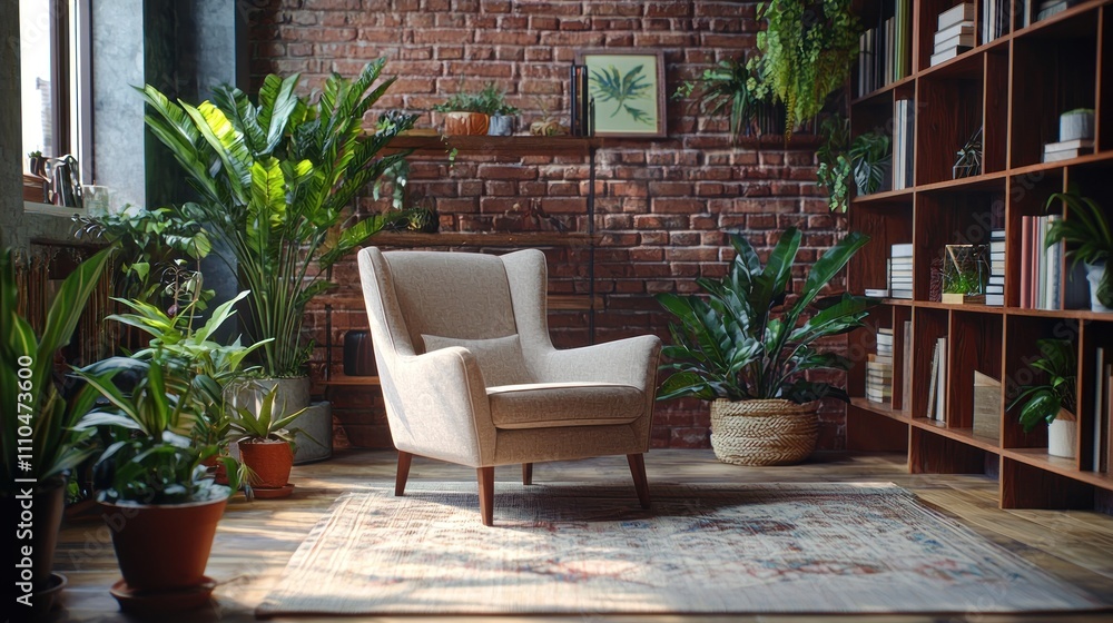 Cozy Living Room with Armchair Plants Bookshelves Cozy Living Room with Armchair Plants Bookshelves