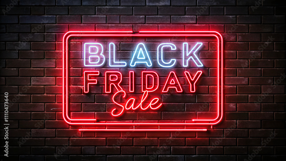 Fototapeta premium A vibrant neon sign announcing Black Friday sale shines brightly in front of a textured dark brick wall. The colorful lights attract attention and set a festive shopping atmosphere