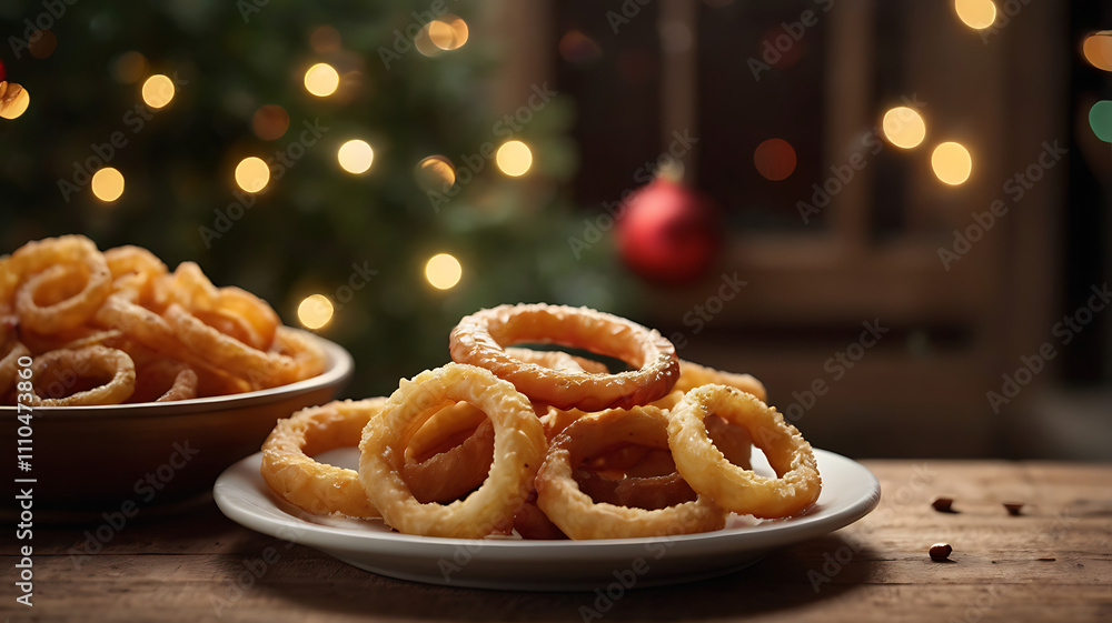 Crispy onion rings on a plate with a bowl of onion rings in the background, Christmas lights bokeh. Crispy onion rings on a plate with a bowl of onion rings in the background, Christmas lights bokeh.