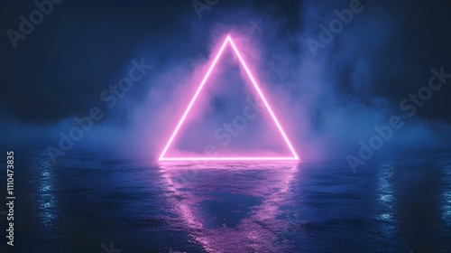 Pink neon triangle reflected in dark water with smoke.