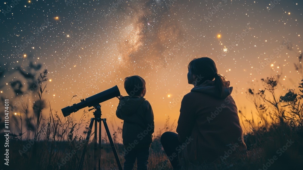 Fototapeta premium A mother and child stargazing in their backyard at night, pointing out constellations under a clear sky. A telescope stands nearby, and the scene feels magical and full of wonder. The moment