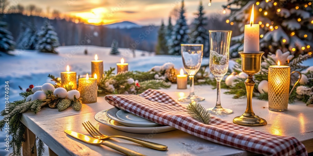 Fototapeta premium Elegant Christmas Outdoor Table Setting with Candles, Wine, and Golden Cutlery against a Blurred Snow Landscape - Perfect for Winter Weddings and Valentine's Day Dinner Arrangements