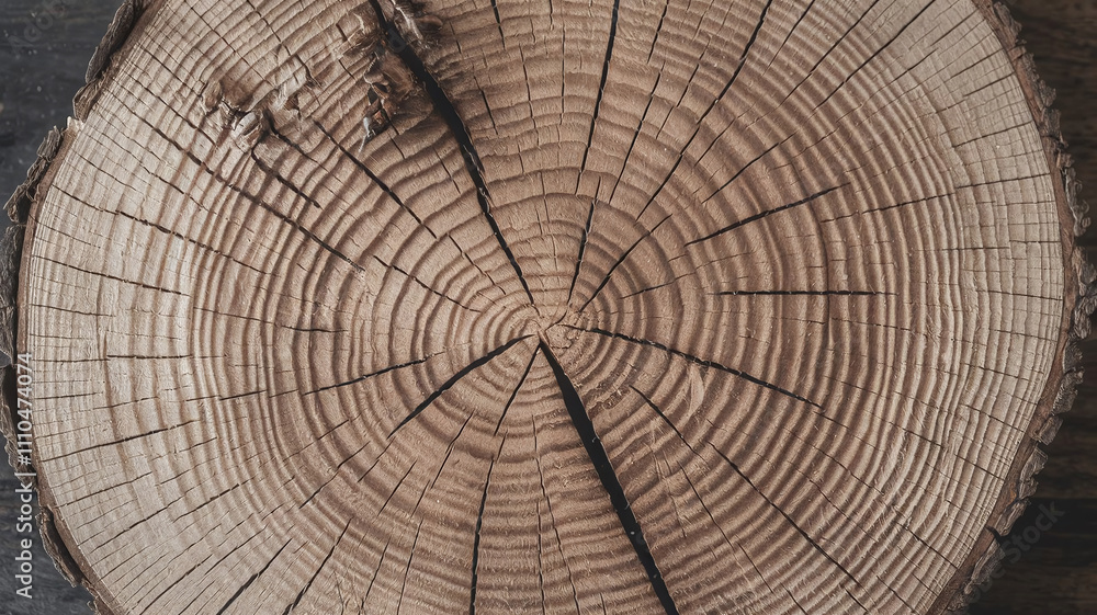 Naklejka premium Close-up of a White Oak tree cut surface showcasing detailed growth rings, natural wood texture, and intricate patterns, ideal for woodworking, design inspiration, or educational purposes. 
