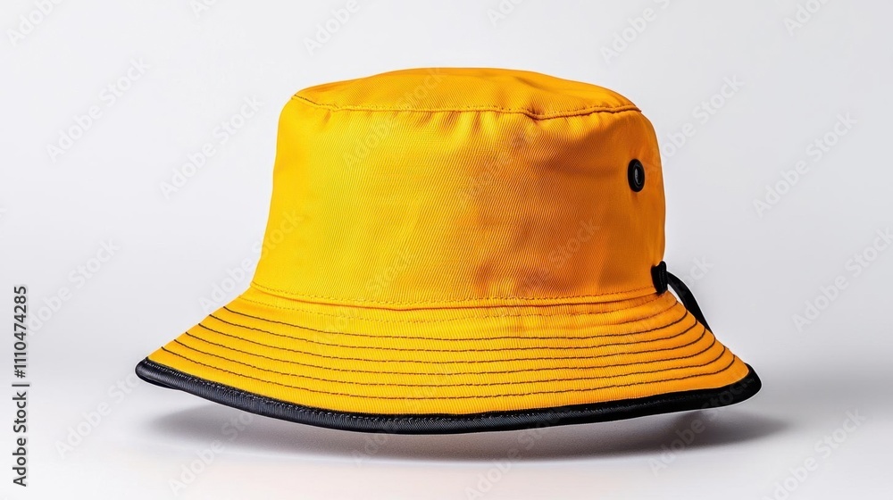 Fototapeta premium A photostock of a sunny yellow bucket hat, neatly placed on a clean white background, cheerful and trendy. High Quality