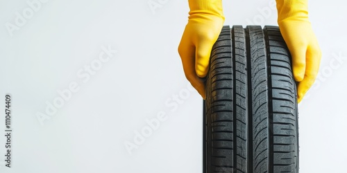 Minimalist image of a car tire held upright by hands in yellow gloves against a plain white background photo