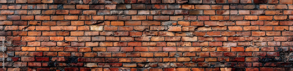 Obraz premium Old red brick wall background, wide panorama of masonry