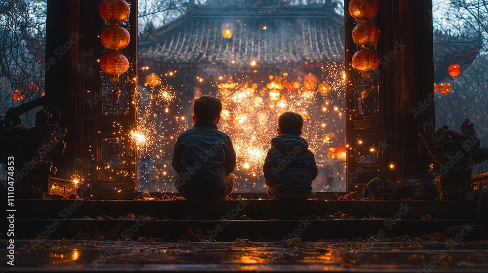 Children watching fireworks at a temple during a festival celebration