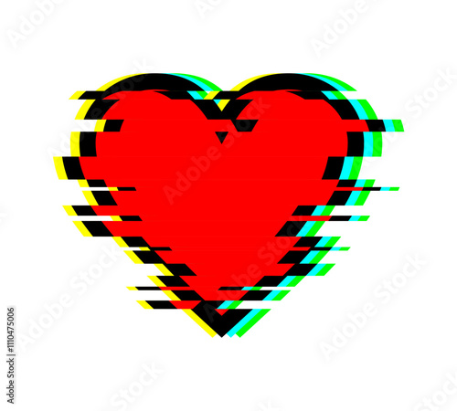 Glitch effect on heart icon. Messy heart icon. Broken heart symbol. Distorted heart vector.