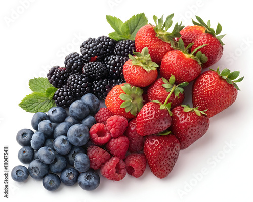 A fresh and vibrant bowl of mixed berries, including strawberries, raspberries, blueberries, and blackberries, garnished with a sprig of mint.