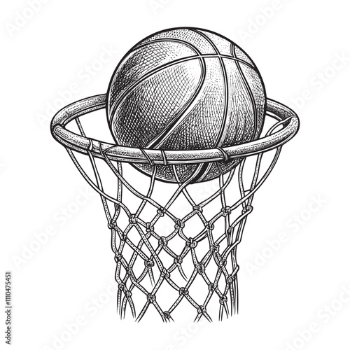 Basketball ball through a net engraving vector illustration