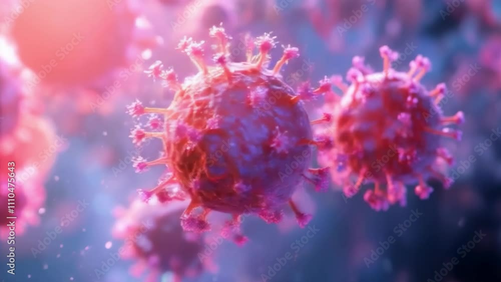 The image depicts pink coronavirus cells with purple elements in a space-like setting against a blue to black background, designed for scientific education and research The image depicts pink coronavirus cells with purple elements in a space-like setting against a blue to black background, designed for scientific education and research